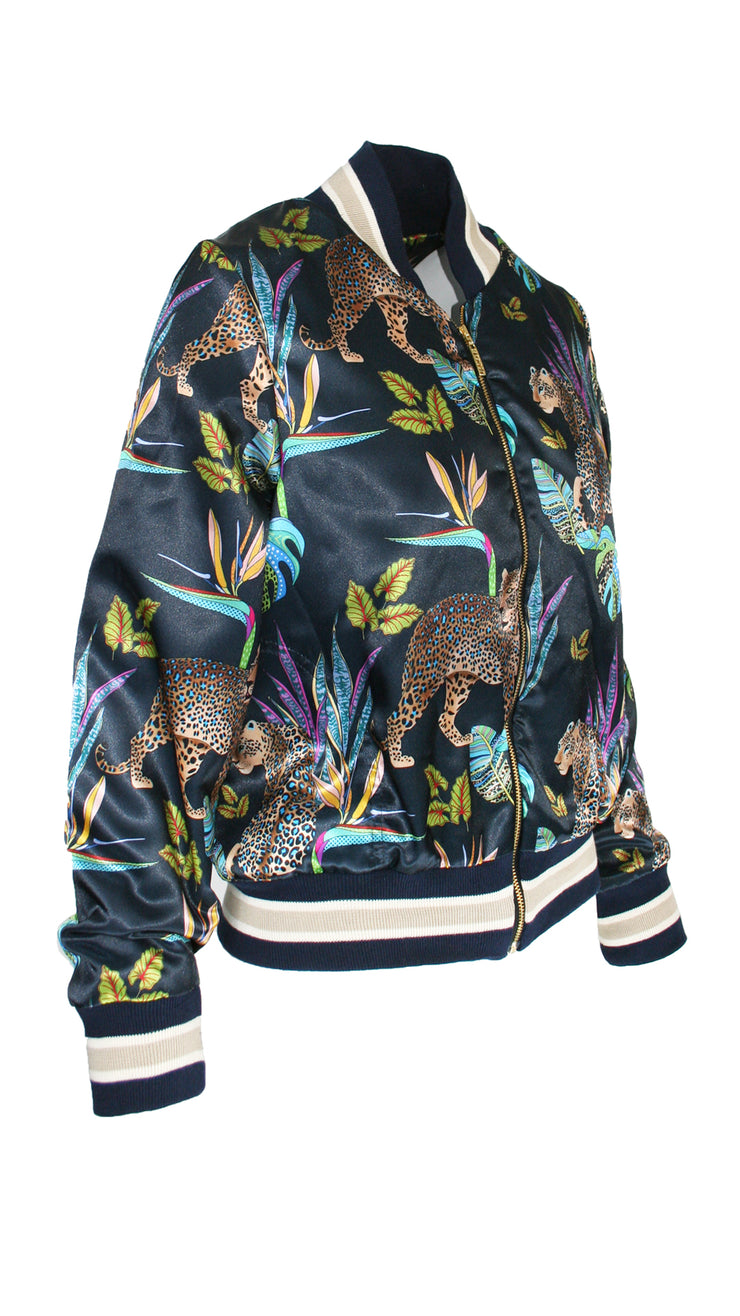 Cobalt Leopard Luxe Legacy Lined Bomber Jacket