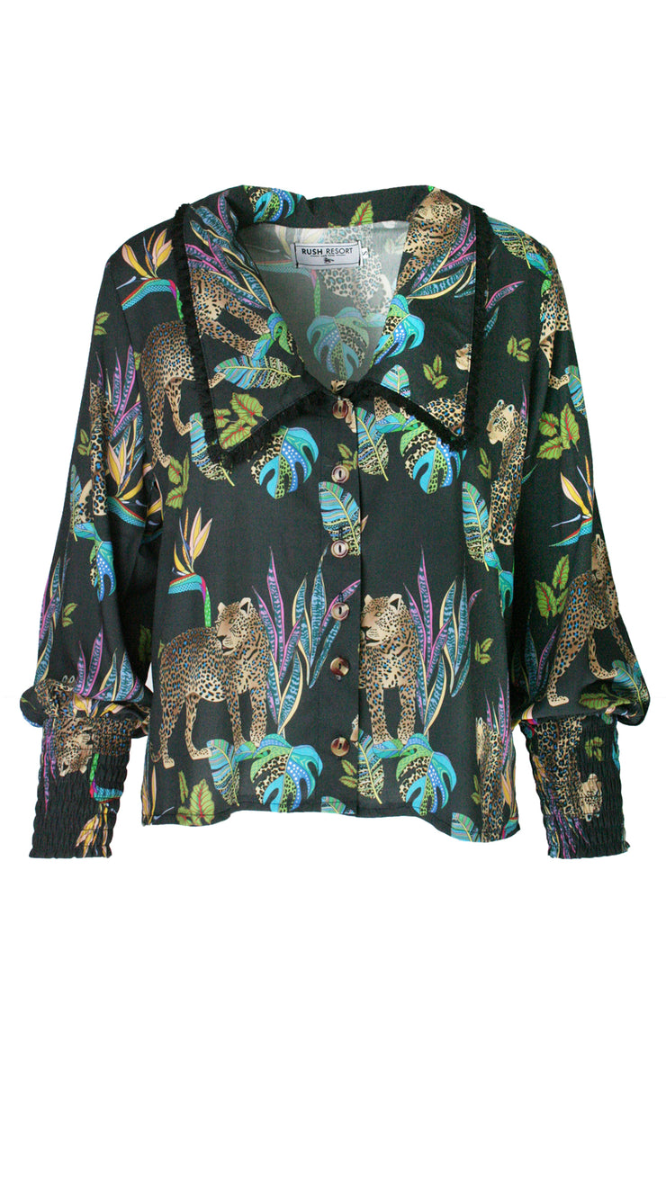 Cobalt Leopard Saint-Tropez Long Puff Sleeve Shirt